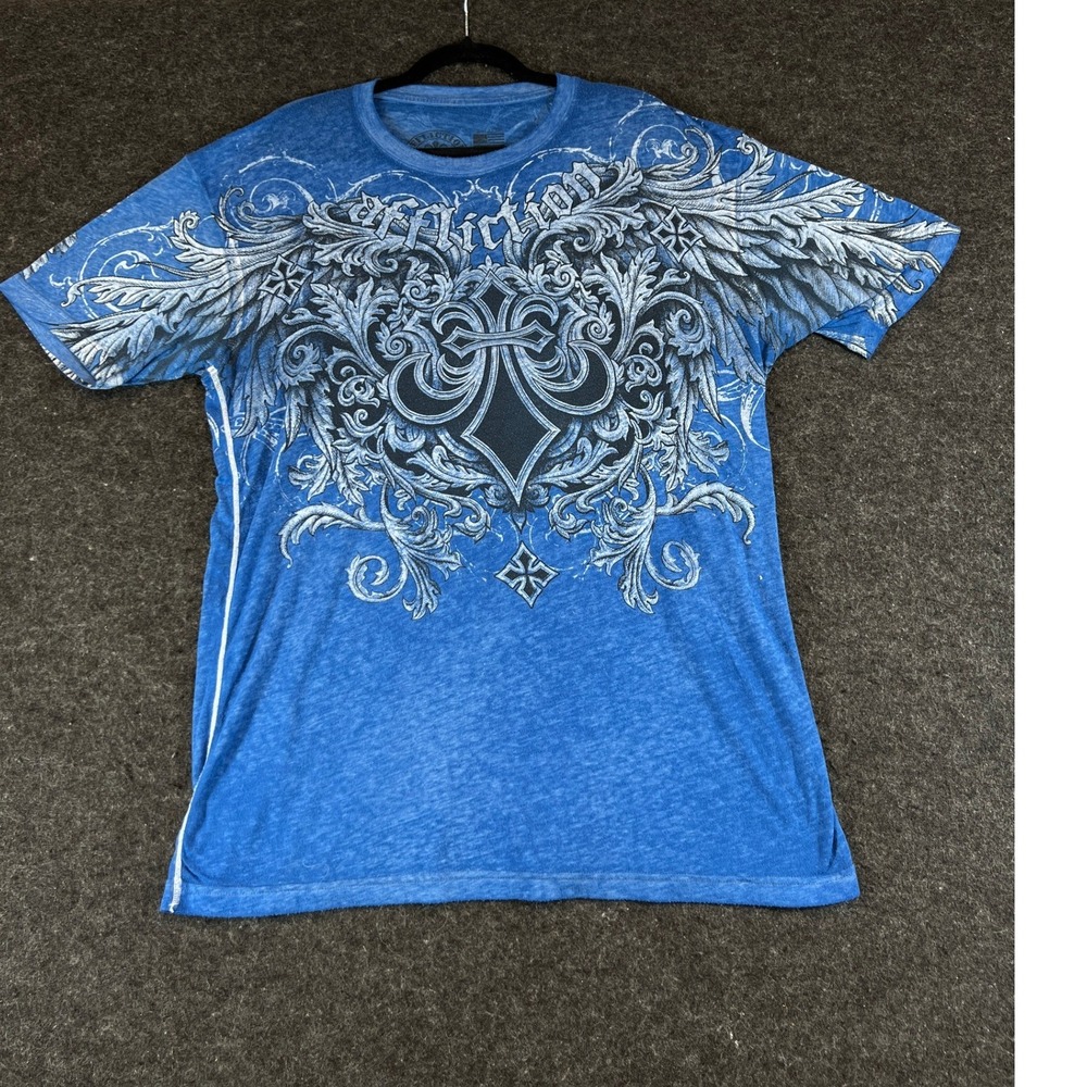 Affliction Live Fast Winged Cross T-Shirt Mens XL Blue Burnout Gothic AOP Tee